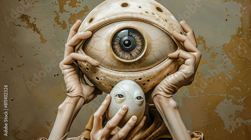 Cracked Reality Abstract Surreal Exploration of Perception with Egg-Shaped Eyeballs and Skeleton Figures  Wallpaper Digital Art Poster Brainstorming Map Magazine Background Cover photo