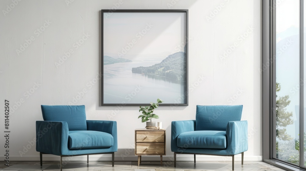 Modern chill room interior two blue armchairs and drawer near window, mockup frame Modern chill room interior two blue armchairs and drawer near window, mockup frame
