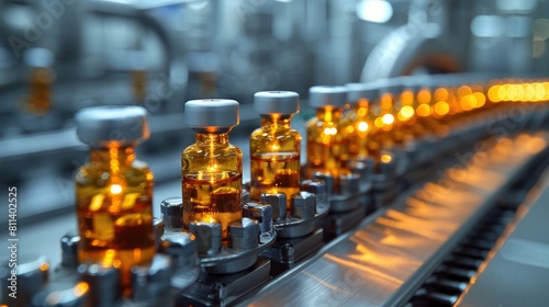 Typical pharmaceutical factory production line where glass ampoules are filled. Drug manufacturing process.