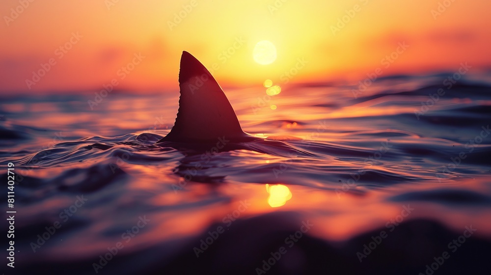 Fototapeta premium Shark Fin Silhouette at Sunrise