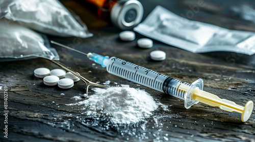 syringe drug with white powder heroin powder in a spoon and small bags and tablets