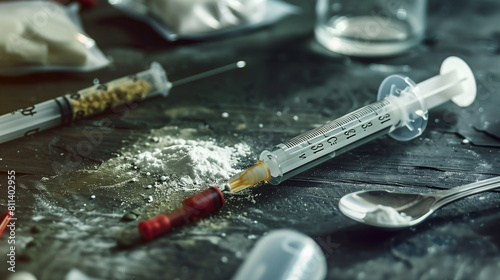 syringe drug with white powder heroin powder in a spoon and small bags and tablets