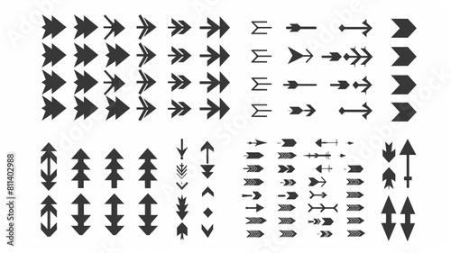 Arrows black icons. Arrow and pointer silhouette direction symbols. Cursor simple outline signs. Dotted  halftone and circle arrows big vector isolated collection