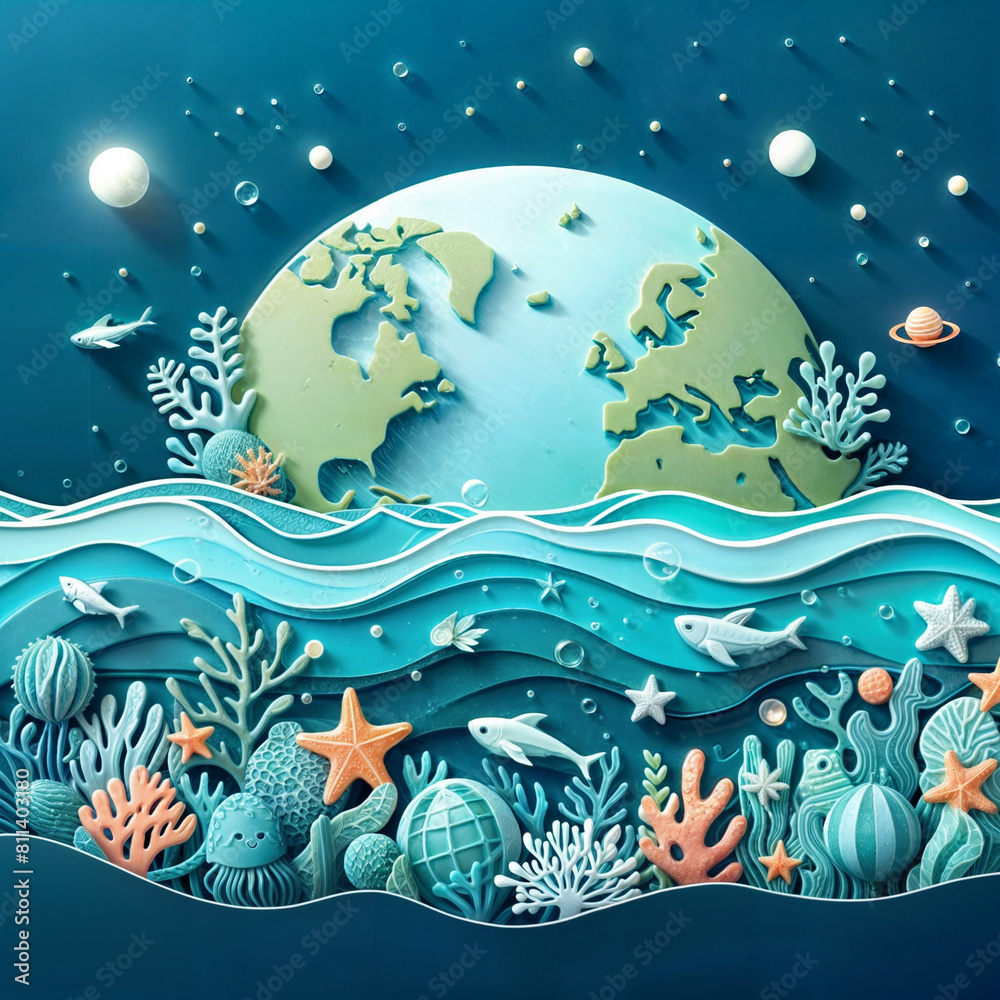 World ocean day vector illustration in paper cut style underwater ocean view created with generative ai.