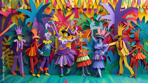 Trendy art paper collage design of a lively carnival scene with vibrant costumes and festive decorations  in paper cut styles
