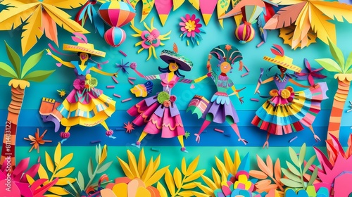 Trendy art paper collage design of a lively carnival scene with vibrant costumes and festive decorations  in paper cut styles