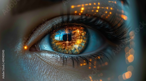Image representing advanced technologies in security and identity verification, showing a close-up of a human eye with digital interface overlays
