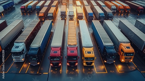 Aerial view of red and blue lorry trucks at parking lot