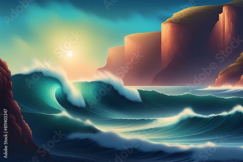 Breathtaking ocean view with waves crashing against rugged cliffs under a clear blue sky, Animation