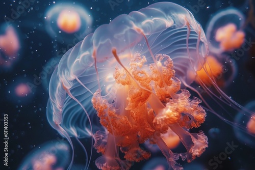 A radiant jellyfish showcases delicate frills and soft orange glows against a dark blue watery backdrop, invoking a sense of deep-water exploration