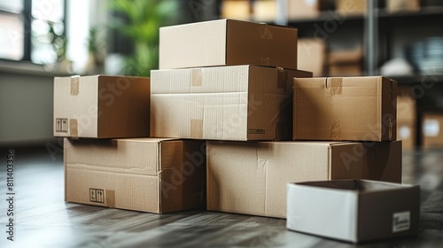 On a clean white background, a neatly arranged stack of brown cardboard boxes demonstrates the concepts of moving, storing, and delivering © DZMITRY