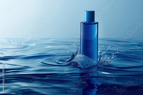 dynamic water splash around blue cosmetic bottle in calm water setting