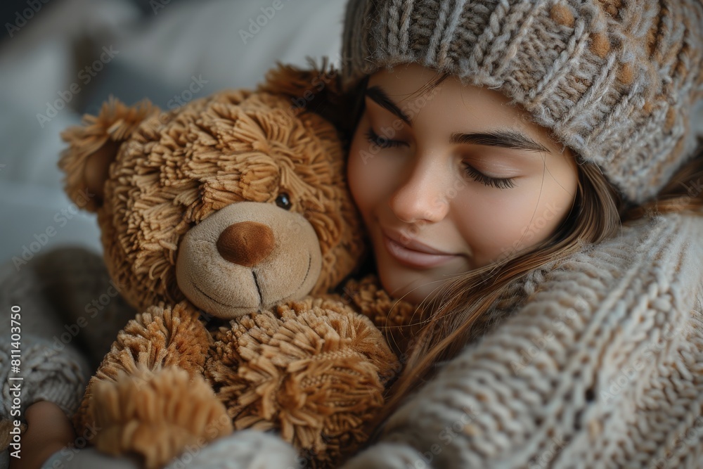 A young woman in a knitted hat gently embraces a fluffy teddy bear, evoking a sense of warmth, comfort, and nostalgia A young woman in a knitted hat gently embraces a fluffy teddy bear, evoking a sense of warmth, comfort, and nostalgia