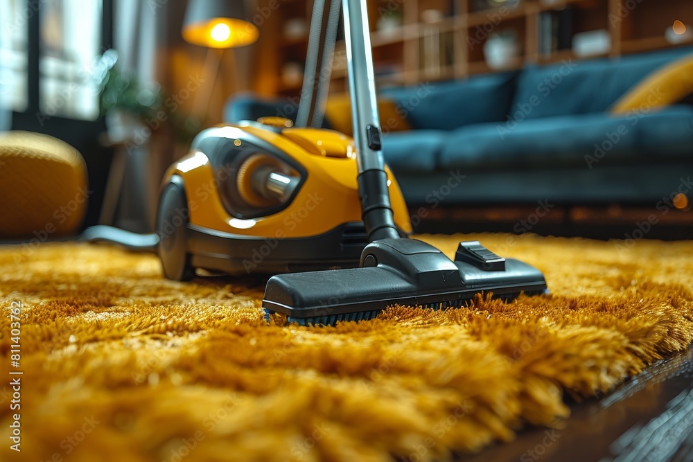 Close-up of a modern vacuum cleaner in action on a vibrant yellow shaggy rug in a cozy home environment Close-up of a modern vacuum cleaner in action on a vibrant yellow shaggy rug in a cozy home environment