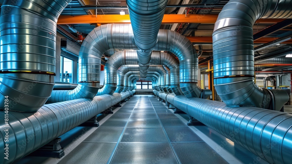 Industrial zone, Steel pipelines, cables and walkways in blue tones Industrial zone, Steel pipelines, cables and walkways in blue tones