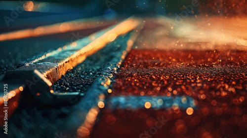 close-up of starting blocks on an athletic track wet with rain under evening lights photo