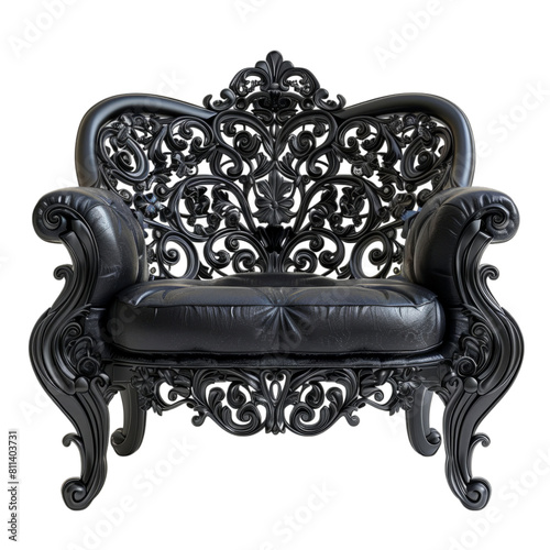 Elegant Black Baroque Armchair on Transparent Background. Studio product photography for design and print