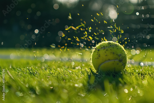 tennis ball on wimbledon grass court with morning dew and sunlight highlighting dynamic action