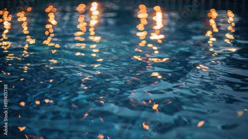 Luminous lights cast a shimmering glow on the water's surface as night falls, creating a mesmerizing scene in the depths of the swimming pool.