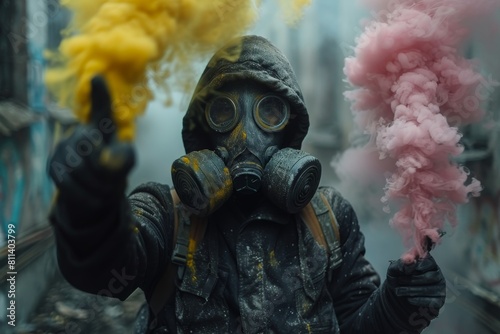 A person in protective gear with a gas mask points at the camera amid colorful smoke photo