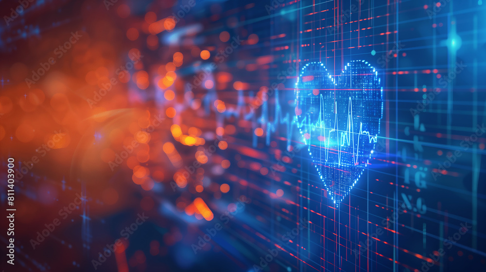 A digital heartbeat echoes within a human heart surrounded by binary code. A digital heartbeat echoes within a human heart surrounded by binary code.