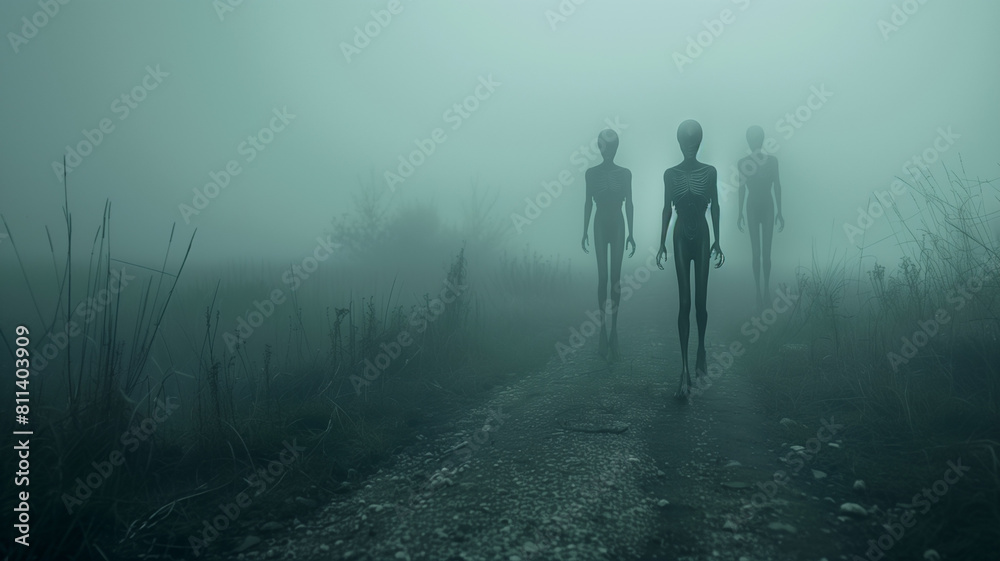 A band of otherworldly beings, humanoids, their forms barely human, loomed out of the swirling fog. A band of otherworldly beings, humanoids, their forms barely human, loomed out of the swirling fog.