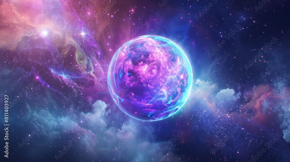 Neon-colored ball of light floating in space, created digitally.