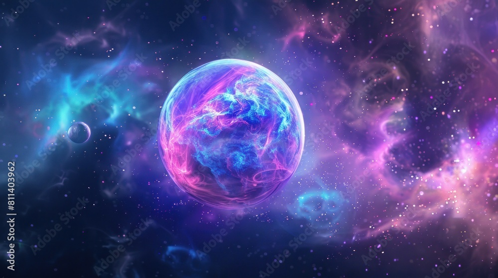 Neon-colored ball of light floating in space, created digitally. Neon-colored ball of light floating in space, created digitally.
