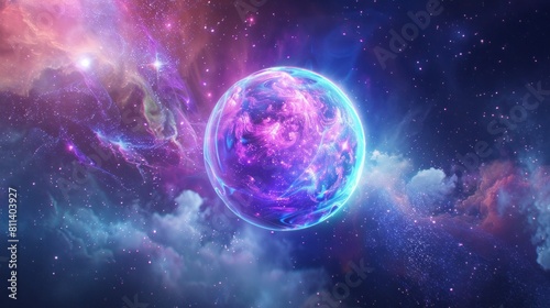 Neon-colored ball of light floating in space  created digitally.