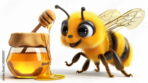 A delightful bee dances near a container overflowing with luscious, gooey honey. May 20th, World bee day concept