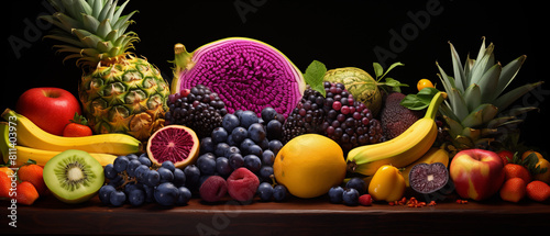 Vivid Collection of Various Fresh Fruits on Wooden Surface