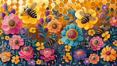 Nature's sweet symphony: A harmonious blend of buzzing bees, blooming flowers, and golden honeycomb captures the essence of pollination. May 20th, World bee day concept photo
