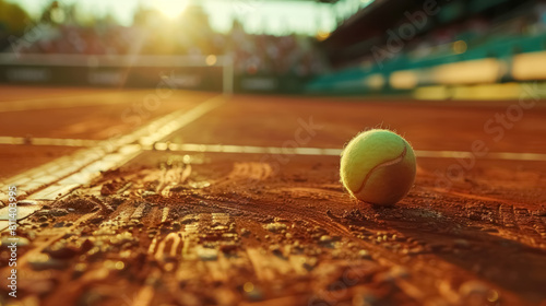tennis ball on the Rolan Garros clay court with sunset in background at professional tournament © Belho Med