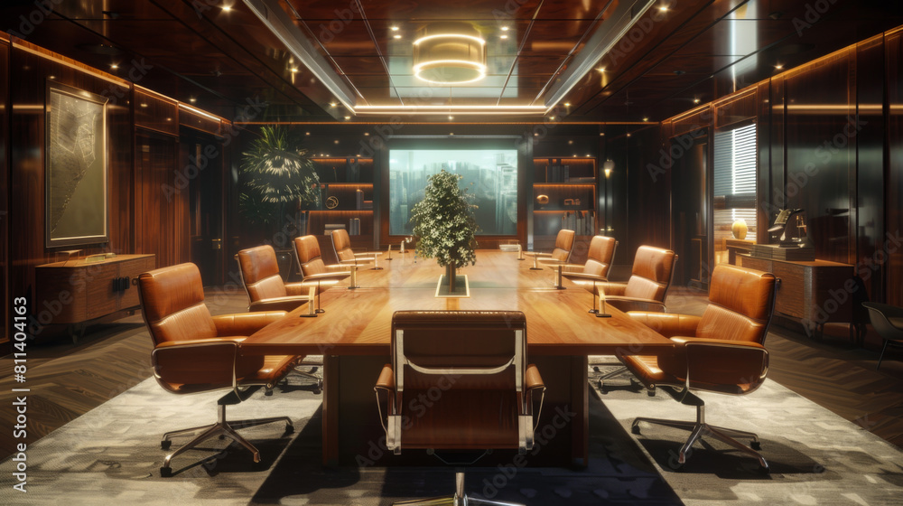 Elegant and stylish modern boardroom with rich wooden panels and contemporary furniture.