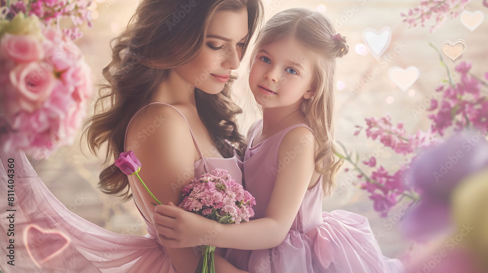 Mãe e filha em um estúdio fotográfico, comemorando o Dia das Mães. A mãe está vestindo um vestido de cor rosa suave, enquanto a filha está usando um vestido de cor lilás