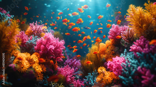 Vibrant colored corals in ocean water  great for marine life websites, educational materials, travel brochures, and environmental conservation content. © Fathur