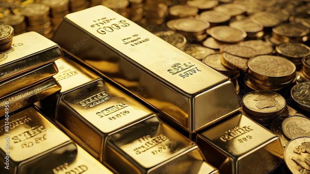 gold bars and coins are stacked together Superfine details gold bars and coins are stacked together Superfine details