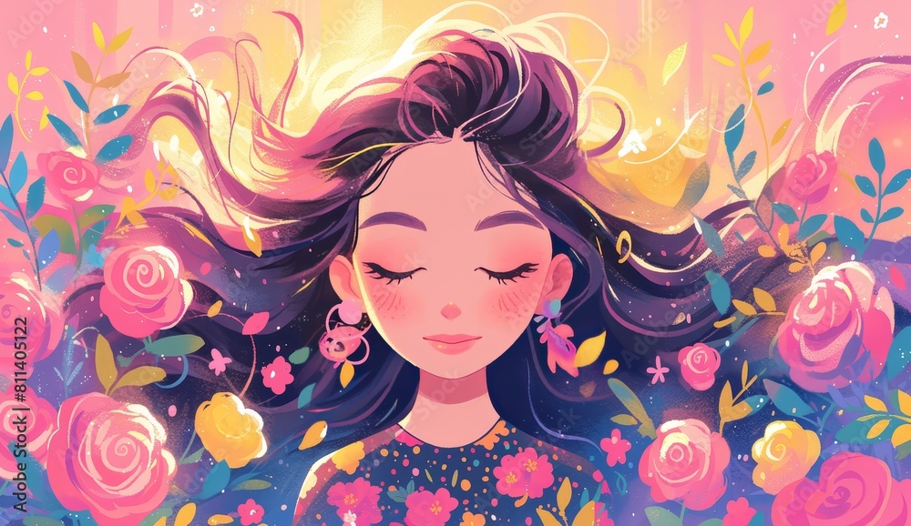 Illustration of colorful hair and roses in a pink background