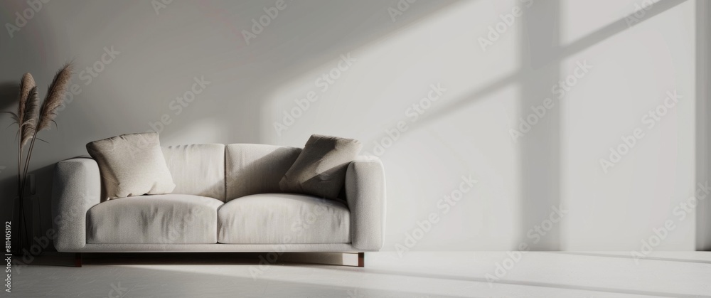 a minimalist sofa against an empty wall mockup, featuring grey tones and modern furniture for home interior design with copy space a minimalist sofa against an empty wall mockup, featuring grey tones and modern furniture for home interior design with copy space