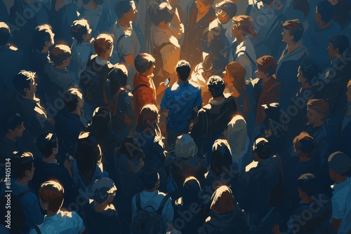 Illustration of crowd, with harsh lighting, in a modernist style, photo