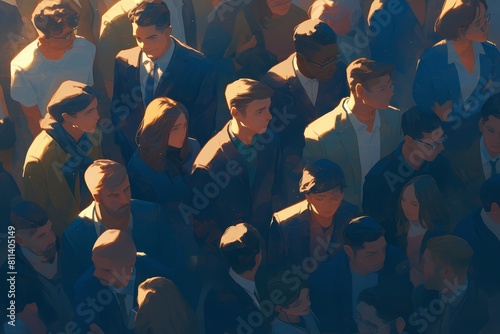 Illustration of crowd, in a modernist style photo