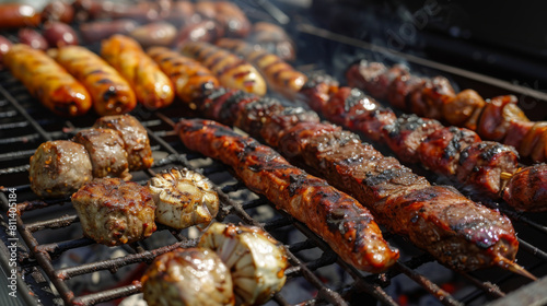 Various meats and sausages grilled to perfection, emitting an appetizing aroma in a backyard setting.