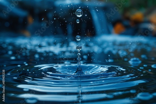 Sharp image of a water droplet's impact on liquid surface, creating concentric ripples suitable for dynamic backgrounds