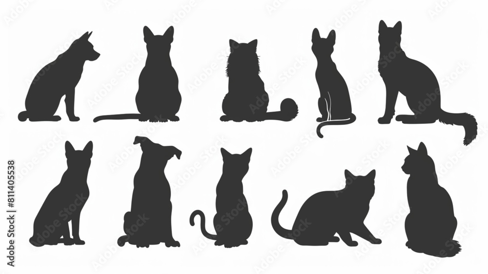 cats and dogs sitting silhouette isolated vector 3D avatars set vector icon, white background, black colour icon