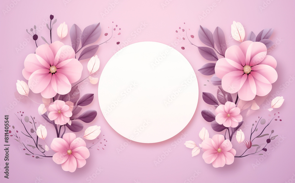 Banner circle frame with colorful purple ad pink flowers. Minimalist illustration for copy space. Gift, invitation card concept Banner circle frame with colorful purple ad pink flowers. Minimalist illustration for copy space. Gift, invitation card concept