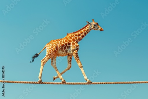 This surreal depiction features a giraffe confidently tightrope walking under a clear blue sky