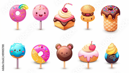 Cartoon sweets. Sweet dessert, candy, cute cake, lollipop, chocolate, sugar pastry, ice cream, donut, caramel, colorful bakery, bear dragee 3D avatars set vector icon, white photo