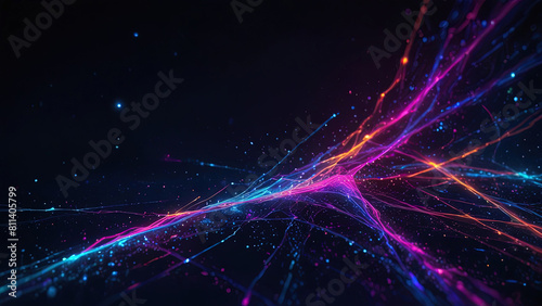 Multicolored neon lines converge in one bundle on a dark background with small stars photo