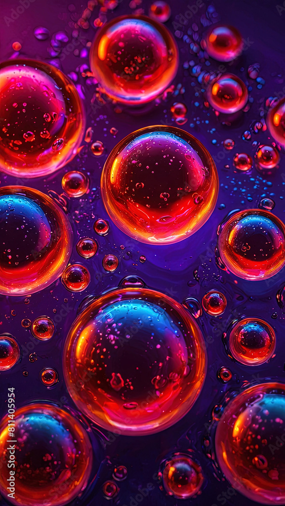 Abstract background with shiny glowing drops of red liquid and smaller transparent bubbles on a solid purple background