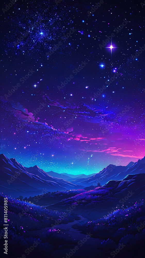 Night natural landscape in blue and purple shades, the sky is strewn with stars Night natural landscape in blue and purple shades, the sky is strewn with stars